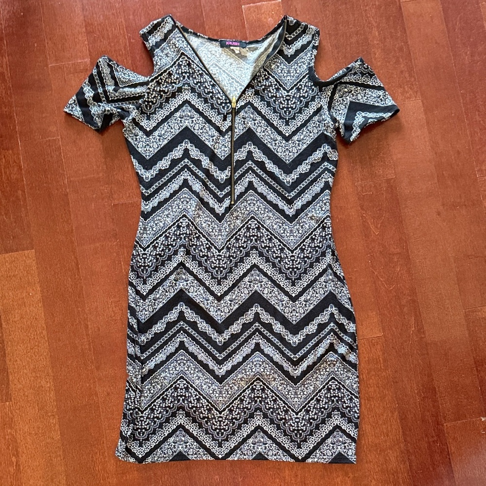 Stylish Black and Gray Chevron Dress with peek a boo shoulders